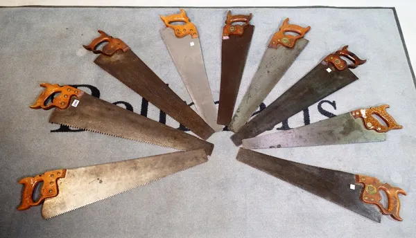 Nine early 20th century hand saws, to include makers, Thomas Turner & Co, Atkins & Co and Spear and Jackson (9)