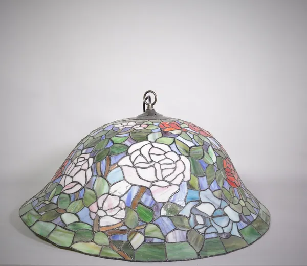 A Tiffany style glass domed ceiling light, decorated with red rose