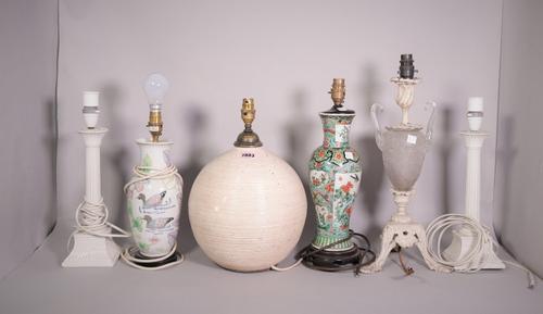Lighting, including a modern white glazed table lamp of ovoid form, 38cm high
