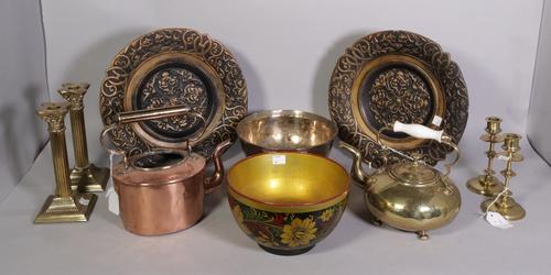 Metalware including a copper one gallon jug, two pairs of brass candlesticks, bowls and sundry (qty)