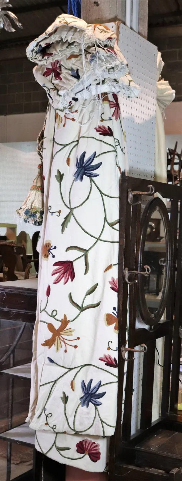 Curtains, a pair of modern lined curtains, with crewel-work decoration, 100cm wide x 200cm long