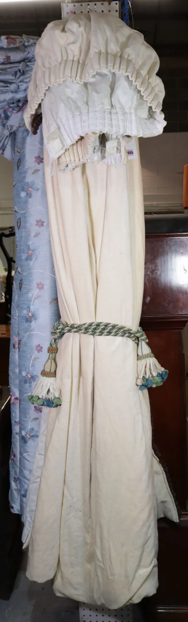 Curtains, a cream pair with brown bauble tassels, 165cm wide x 210cm long