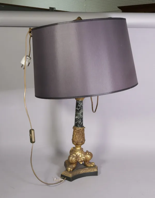 A Victorian style gilt metal and marble table lamp, 65cm high