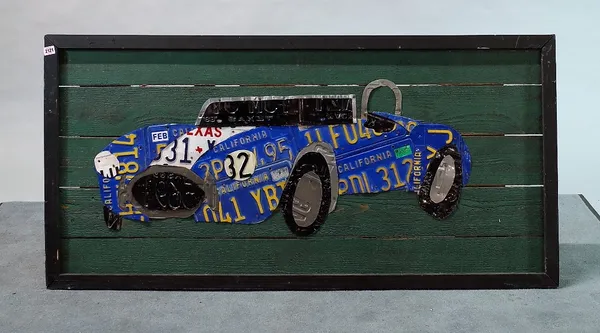 Aaron Foster designs;' Race Car # 7', circa 2004, depicting a decoupage of American metal number plates forming a classic race car,