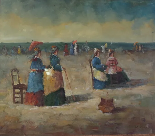K Carole (20th Century) Women in Victorian dress at the beach