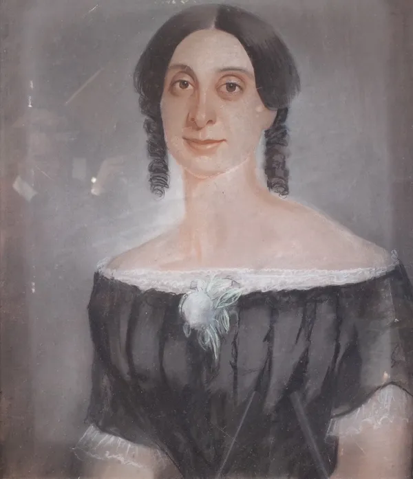 English School, 19th Century, Portrait of a lady in a black and white dress, pastel 60 x 50cm