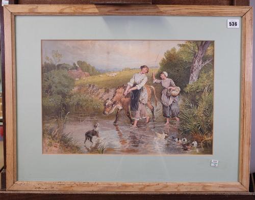 After Myles Birket Foster, Crossing a stream, colour print 30 x 45cm