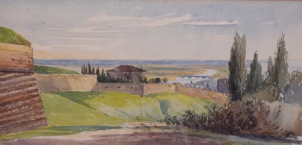 European School, 20th Century, From outside the fortifications, Verona, inscribed (in mount) watercolour 15 x 31.5cm