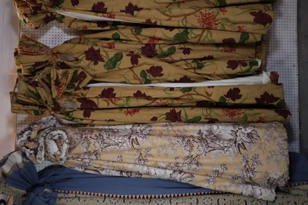 Curtains, a pair lined and interlined, floral decoration, each 100cm wide x 210cm long, with pole