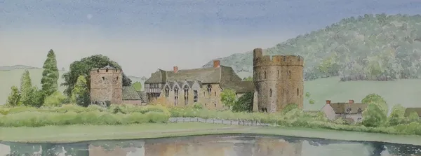 Erica *** (20th Century), Stokesay Castle, watercolour over a printed base  15 x 39cm