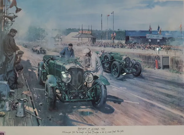 After Terence Cuneo, Bentleys at Le Mans 1929, reproduction print 62 x 82.5cm