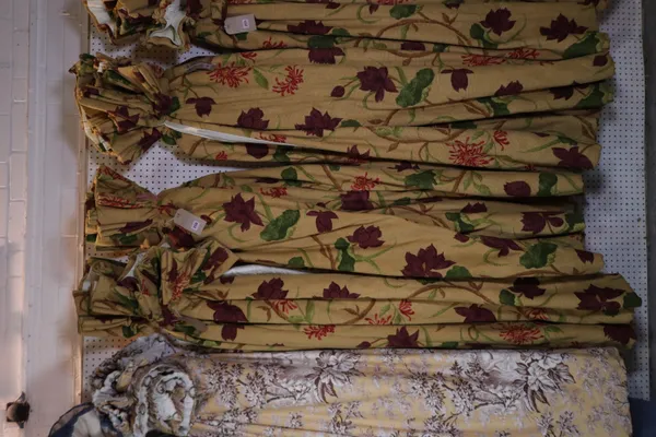 Curtains, a pair lined and interlined, floral decoration, each 98cm x 200cm, with pole