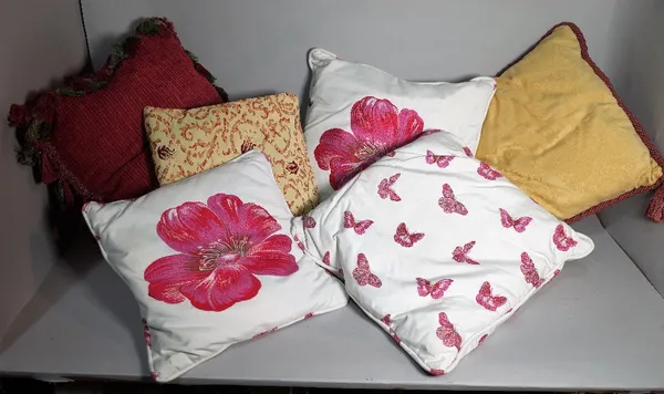 A group of six modern cushions, various designs and sizes, the largest  41cm x 41cm