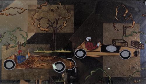 Two mirrored pictures of vintage racing cars mixed media,