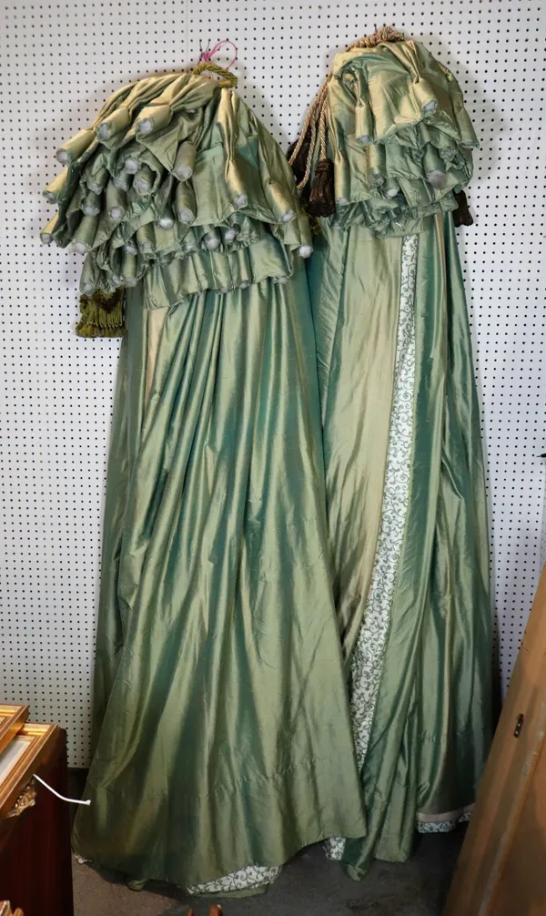 A pair of modern lined and interlined green silk curtains, each 190cm wide x 240cm long, and another matching smaller pair,