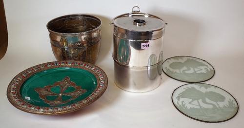 Collectables comprising ‘Gucci’ a modern silver plated ice bucket, 20cm diameter x 30cm high, an Edwardian silver plated ice bucket, 25cm diameter x 20cm high,