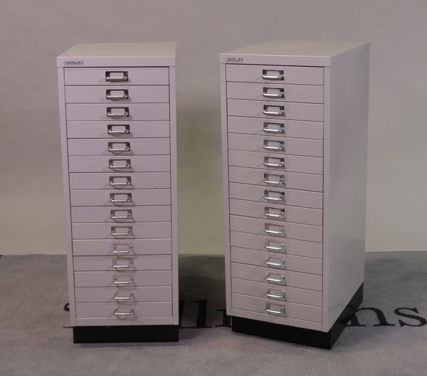 ‘Bisley’, a pair of grey painted metal filing cabinets with fifteen short drawers, 35cm wide x 94cm high (2)