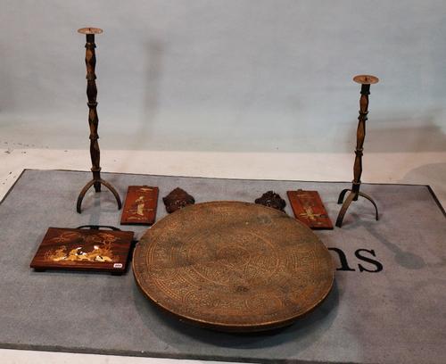 Collectibles including a pair of hardwood carved candlesticks, 80cm high,