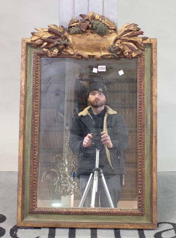 A 19th century Italian green and gilt painted rectangular wall mirror, with cartouche and bull rush crest,