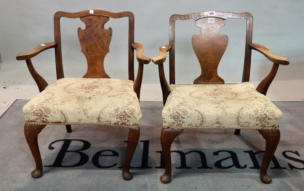 A pair of mid-20th century child's walnut open armchairs, of George I design