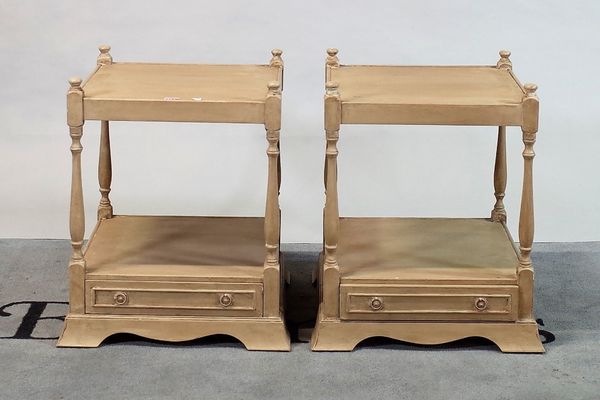 A pair of modern two tier bedside tables with single drawer bases