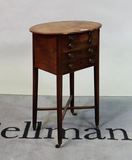 A George III and later mahogany sewing table with an oval lift top over two short drawers on tapering supports,