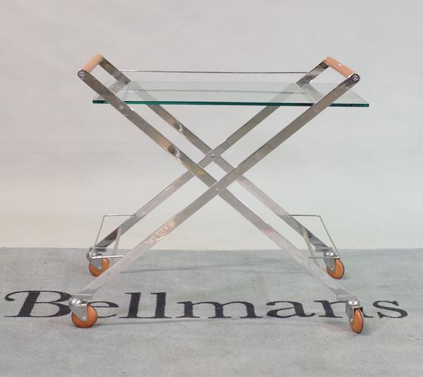 A 20th century chrome beech and glass two tier serving trolly