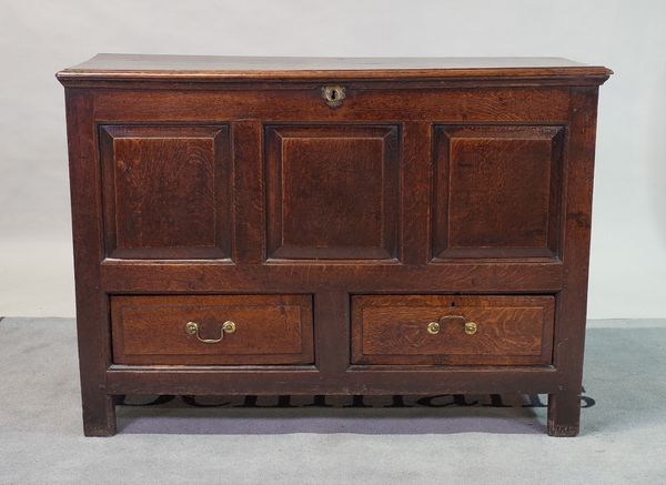 An 18th century oak mule chest with panelled front over two short drawers