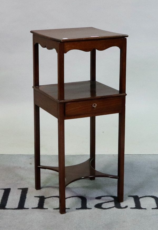 A 19th century mahogany single drawer nightstand united by a stretcher, 32cm wide; 77cm high