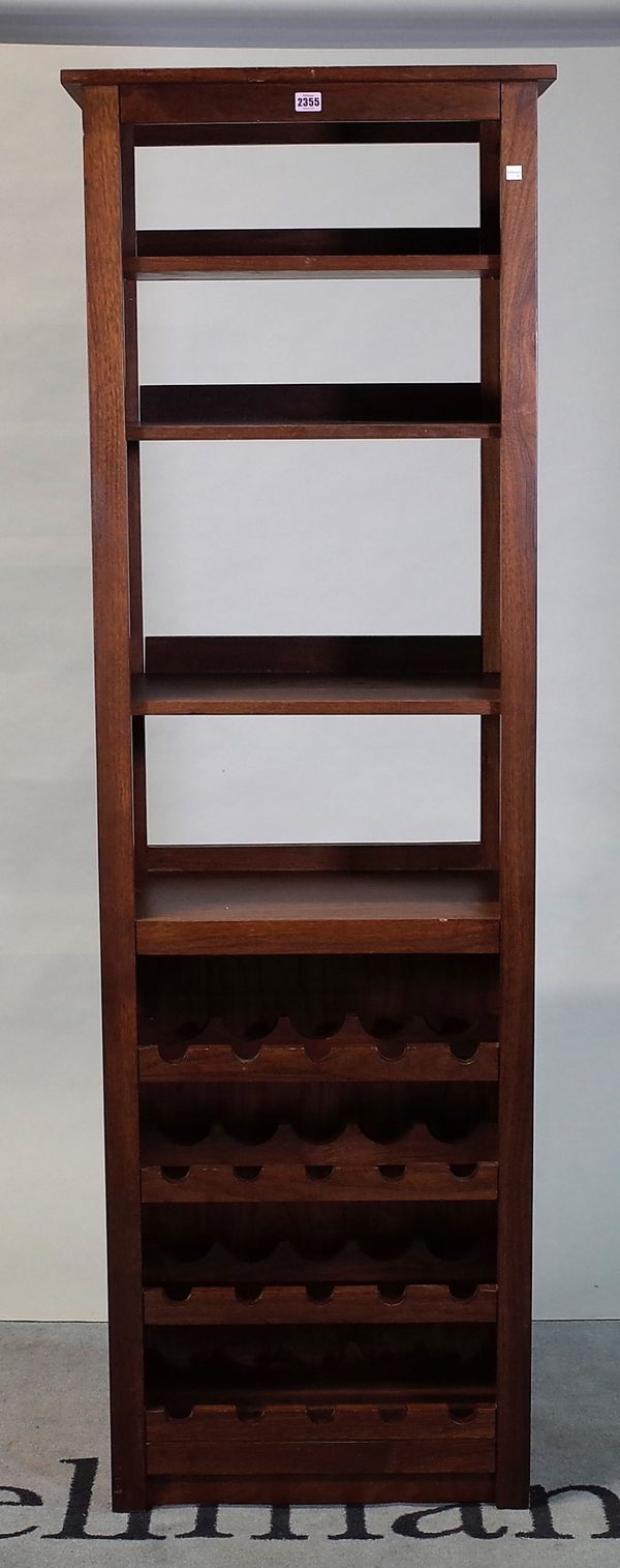 A modern hardwood eight tier open wine rack