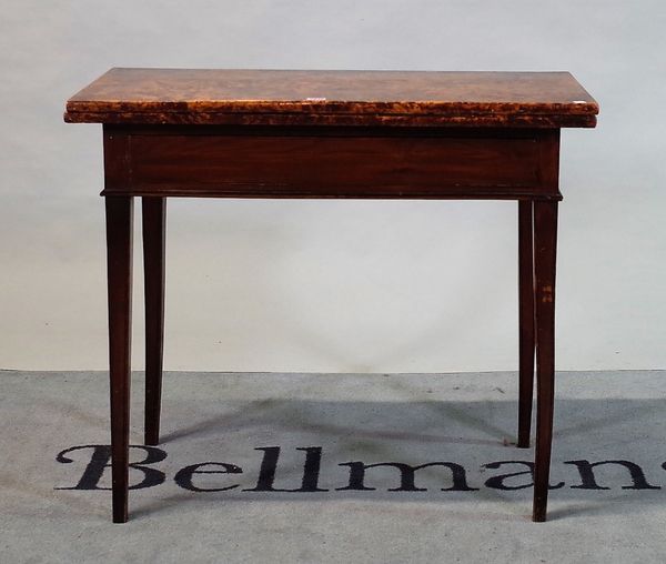 A 19th century Continental burr birch and stained pine rectangular foldover tea table