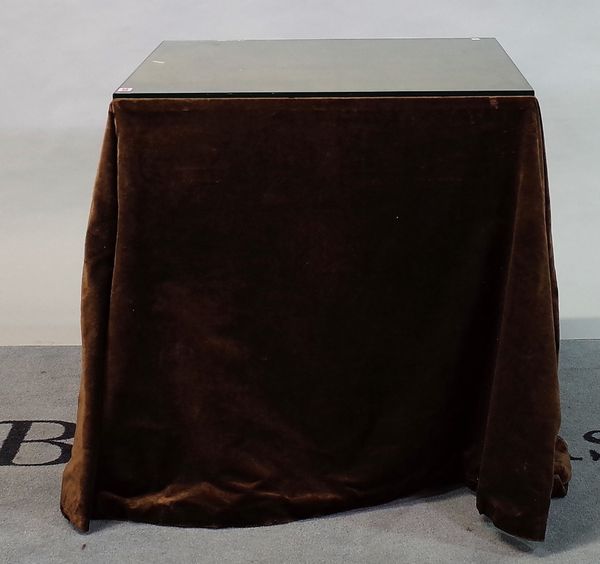 A pair of modern pine square occasional tables with velvet covers