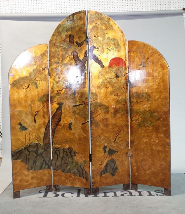 A 20th century black lacquer decorated three fold arch top screen