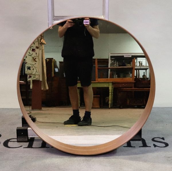 A modern hardwood framed circular wall mirror, 80cm diameter