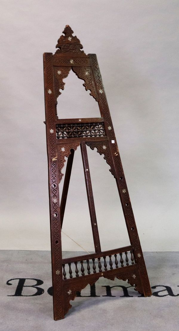 An early 20th century Damascus inlaid hardwood artist's easel, 56cm wide; 155cm high