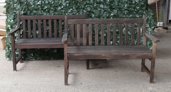 ‘Scancraft’; A pair of modern hardwood garden benches (2)