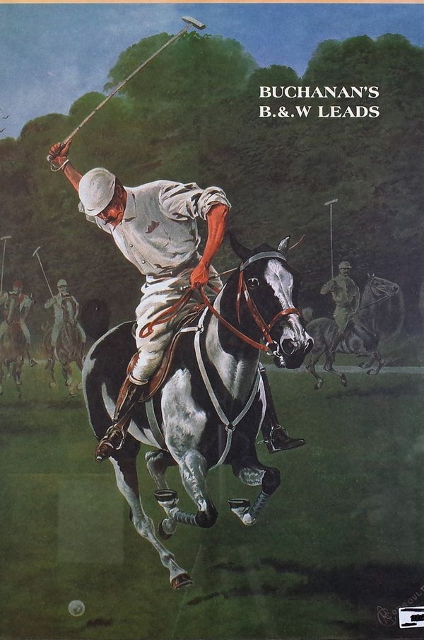 An advertising poster for Buchanan's Black & White Scotch Whisky, featuring a polo player