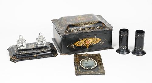 A group of Victorian black lacquer papier mache wares (5)