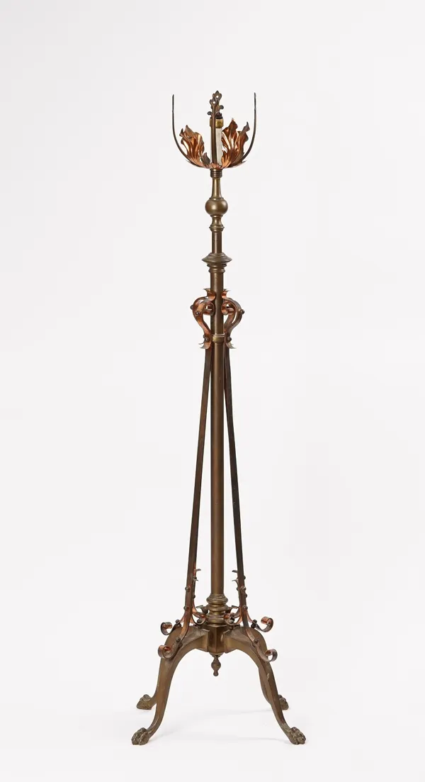 An Arts & Crafts brass and copper telescopic standard lamp, in the W.A.S Benson style