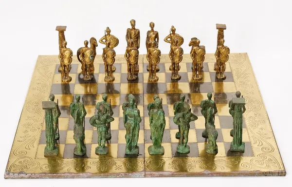 A large gilt-bronze and patinated bronze chess set (2)