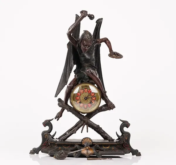 A bronze and painted-metal mounted 'Devil band' mantel clock