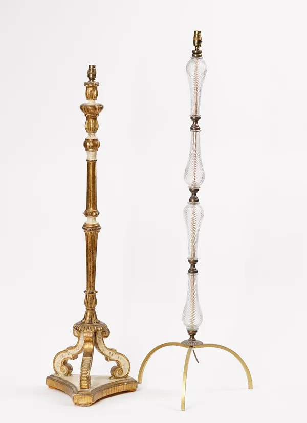 A brass and glass standard lamp and another (2)