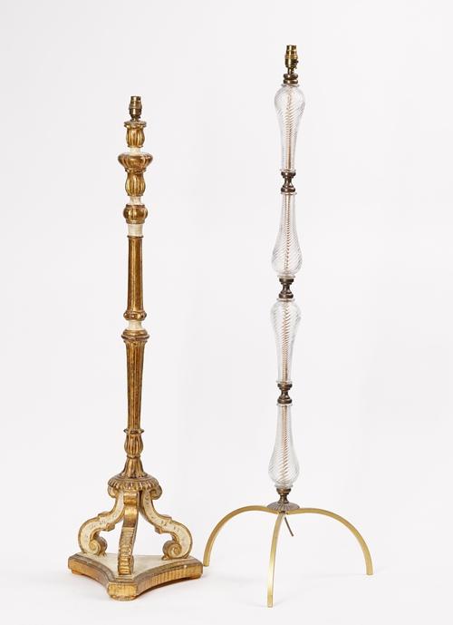 A brass and glass standard lamp and another (2)