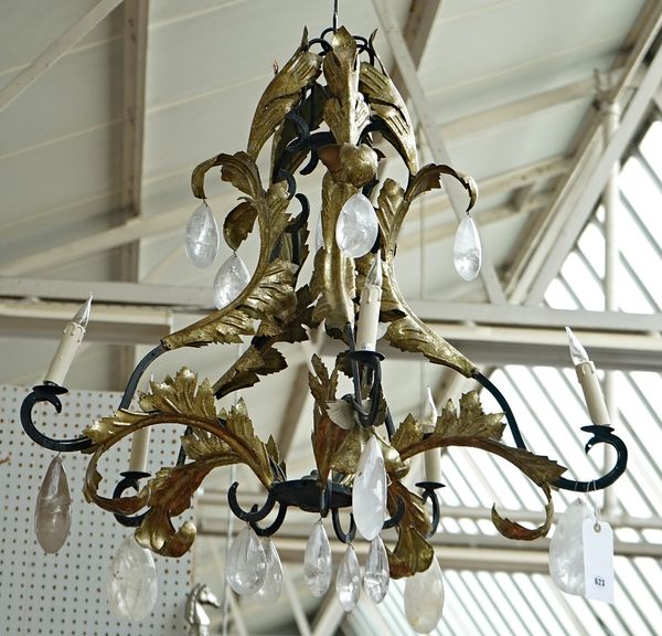 A gilt and black painted metal five-light chandelier
