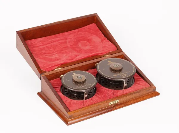 Hardy Bros Ltd, The Golden Prince, First Edition, Serial No 022, 9/10 & 11/12 Salmon fly fishing reels, cased in a mahogany box with a Hardy booklet.