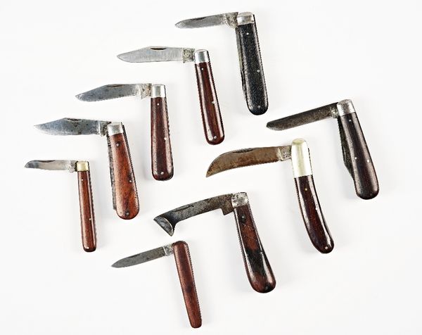 Eight wooden handled pocket knives (9)