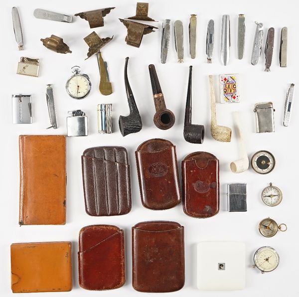 Collectables, comprising; fourteen pocket knives, seven lighters, five smoking pipes, three pocket compasses, five leather cigar cases and sundry.