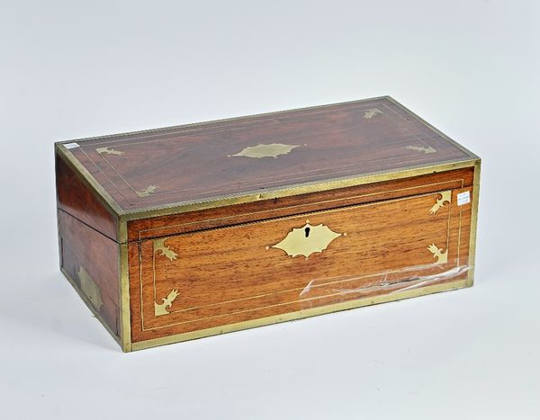 An early 19th century Anglo-Indian brass inlaid rosewood writing slope, with fitted interior, 50cm wide; 19cm high
