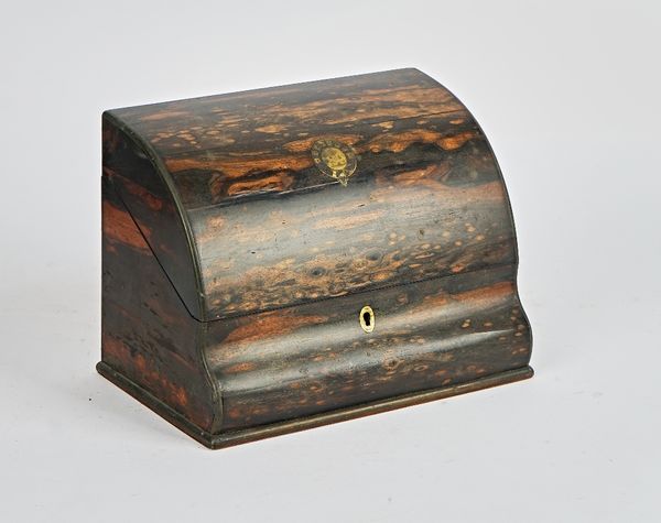 Tomlin & Gale Makers, London, a brass inlaid coromandel dome front stationery box with fitted interior, 25cm wide