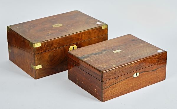 A 19th century rosewood rectangular lift top box, 31cm wide; 12cm high, together with a brass bound walnut writing slope, 35cm wide;15cm high